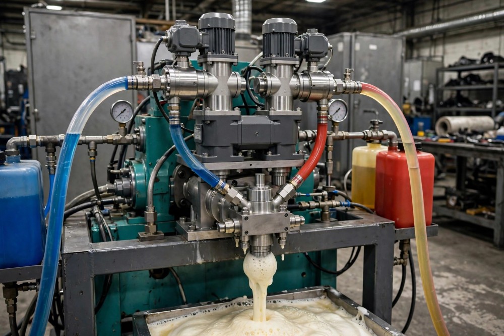 聚氨酯发泡机AB料怎么定比供给？千世计量泵在发泡设备配套中的应用